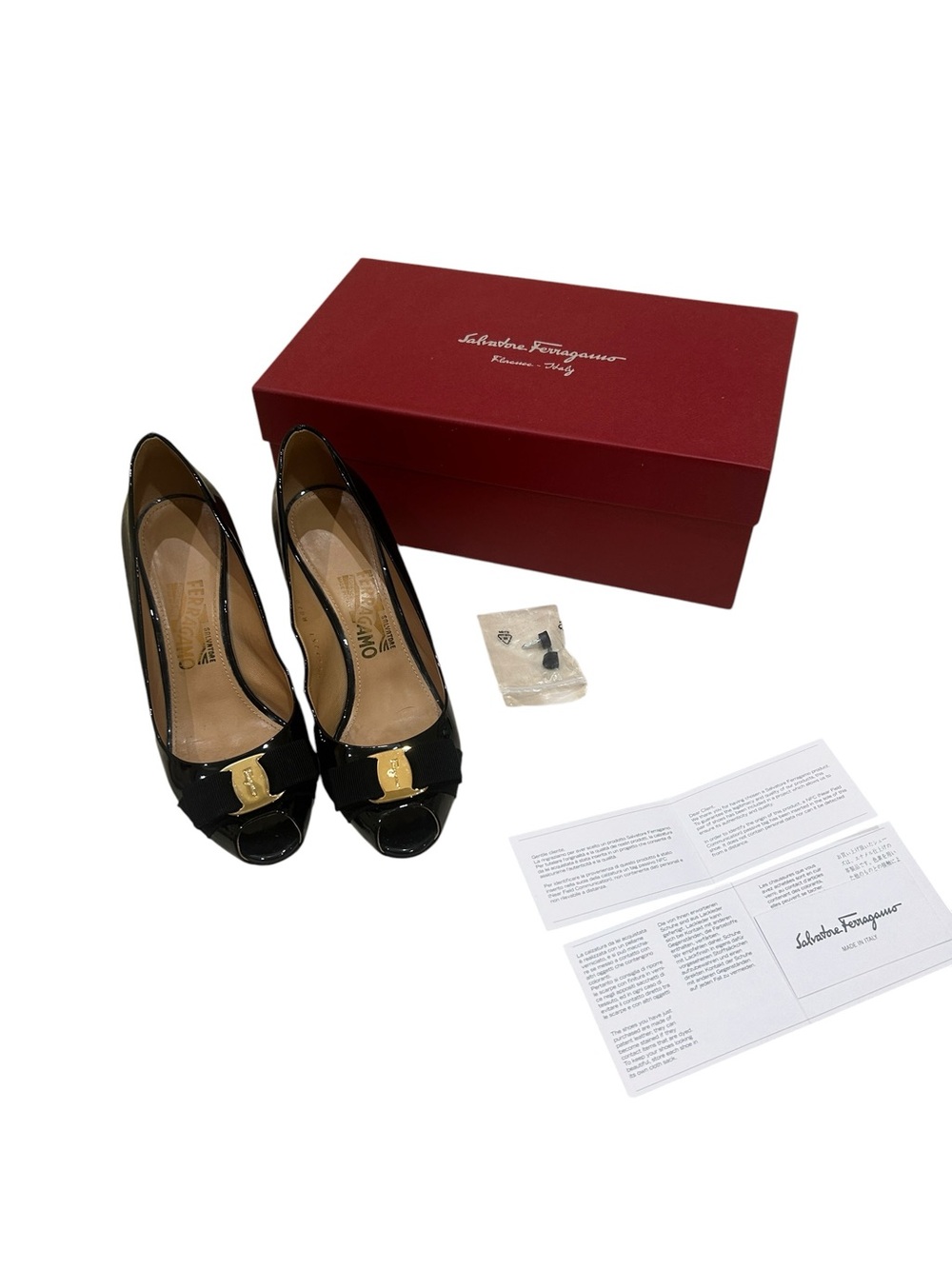 Salvatore Ferragamo Pola Black Patent Leather Peep-Toe Pumps Gold Bow in box sz8